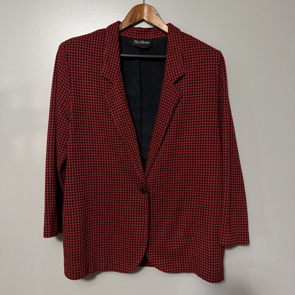 Vintage Ms. Choice Red Houndstood Blazer Size Large Career Holiday Lightweight